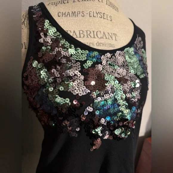 Express Small Black Green Silver Sequin Tank Top - Picture 2 of 14